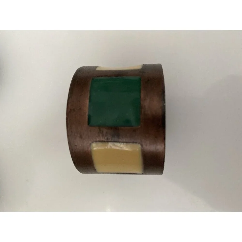 Vintage 1980s Pier 1 Napkin Rings Bronze Green Yellow Inlay‎ Set of 4 Retro EUC